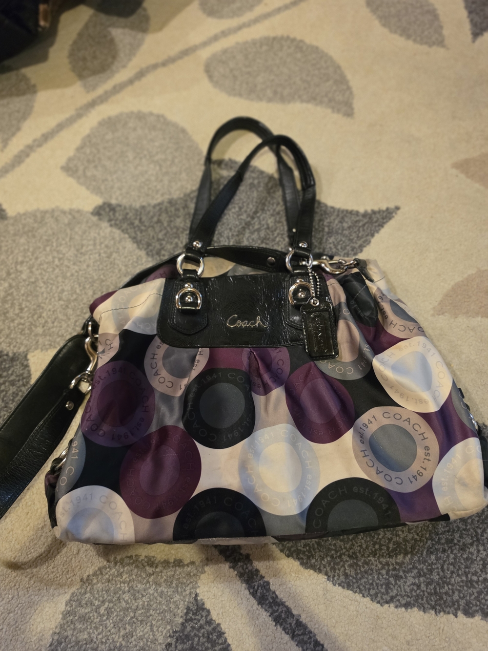 Coach Purple Multi Circle Print Hobo with Black Trim